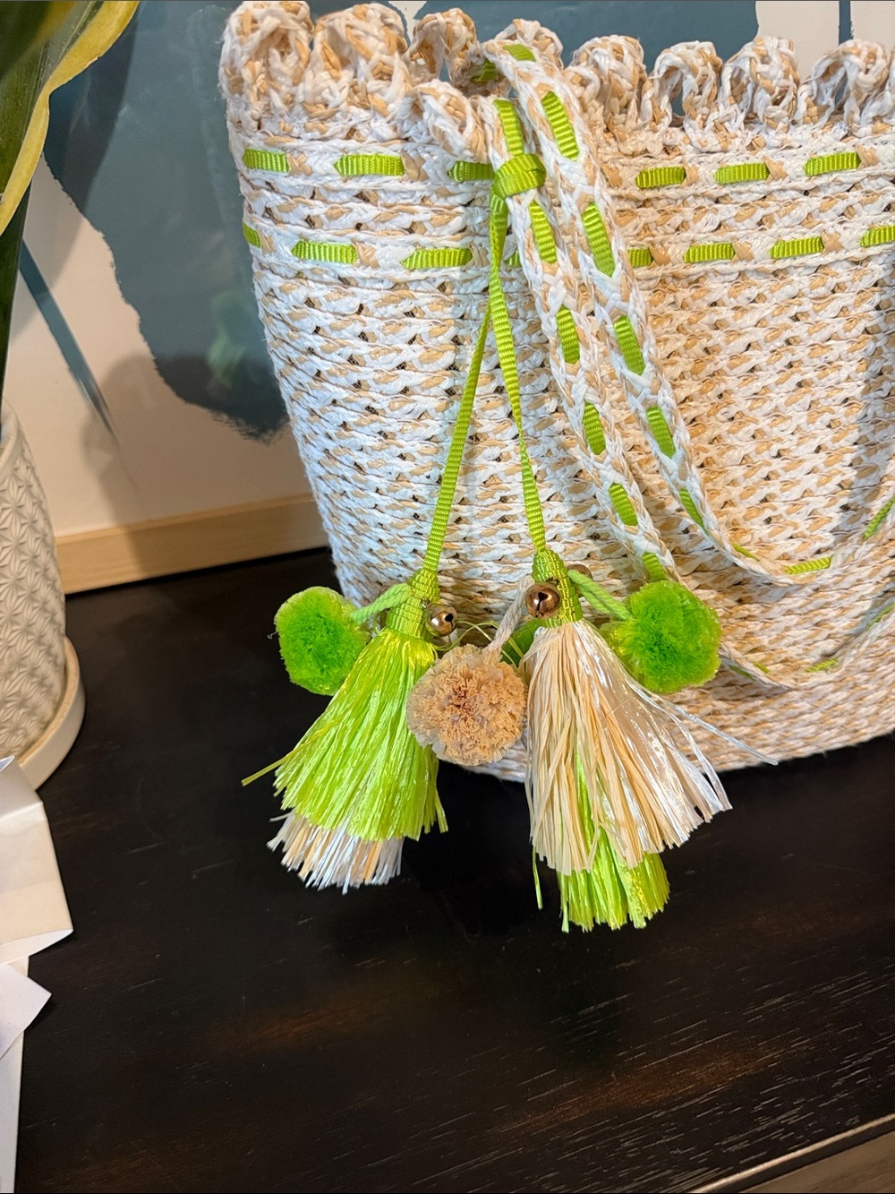 Eric Javits Natural Straw Tote with Lime Accents and Tassel Charms - Picture 2 of 5